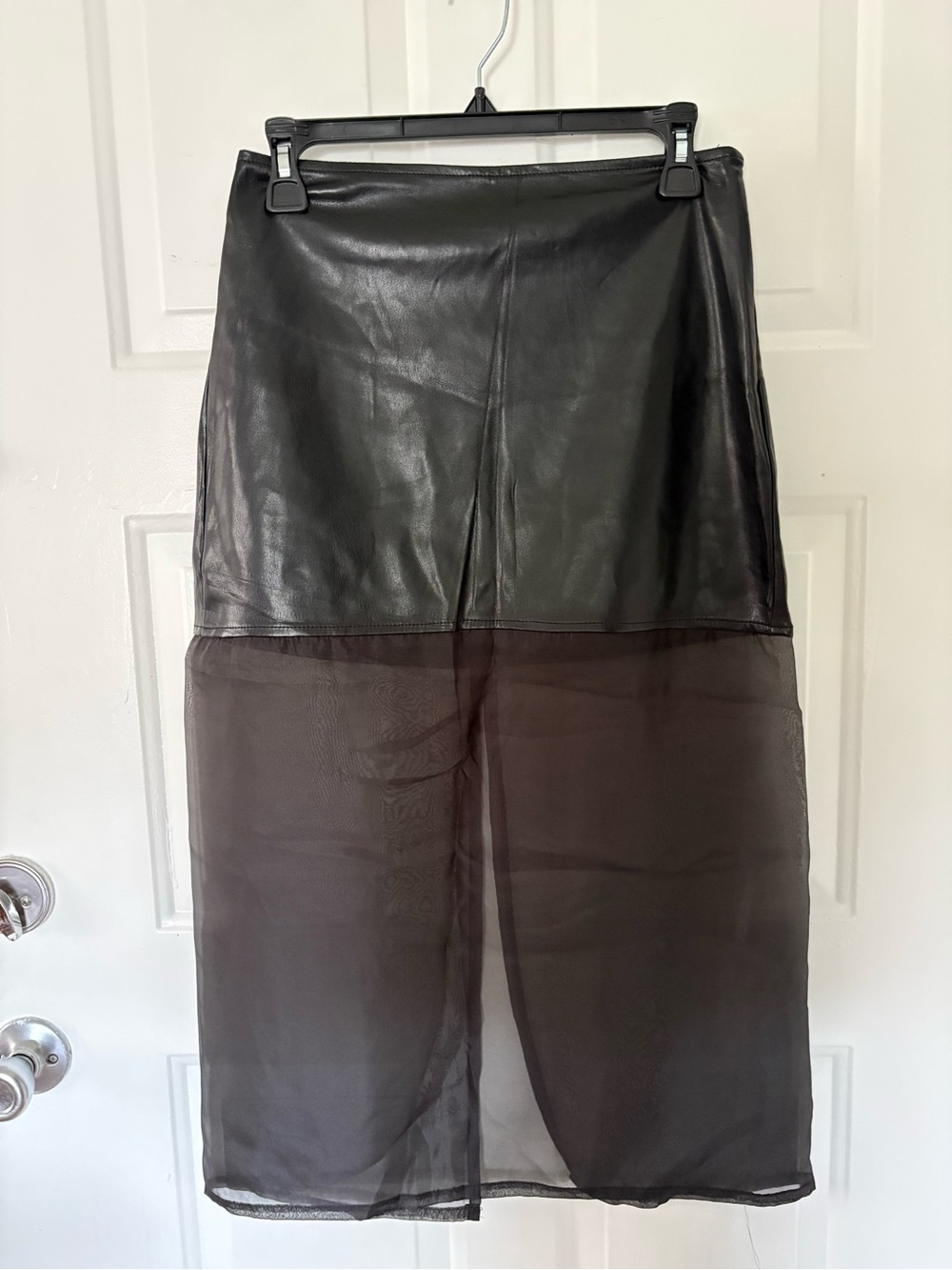 Forever 21 Black Faux Leather & Sheer Panel Midi Skirt